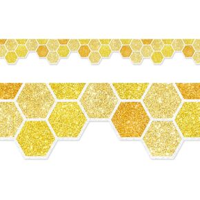 Whaline 65.6Ft Summer Bulletin Board Border Glitter Yellow Honeycomb Die Cut Trim Border Roll for Summer Bee Day Home Party Supplies