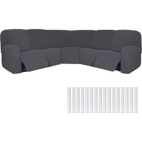 Peryiter 7 Pcs L Shape Sectional Recliner Sofa Covers 5 Seat Sectional Couch Covers Milk Silk Velvet Stretch Reclining Sofa Cover Sofa Slipcover Furniture Protector for Room (Dark Gray, Corn Velvet)
