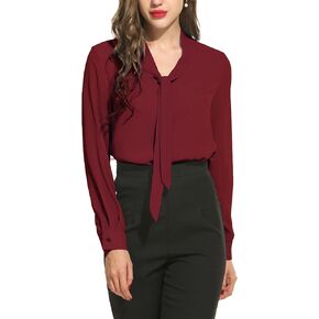 ACEVOG Blouses for Women Long Sleeve Casual Office Work Chiffon Shirts Bow Tie Neck Petite Tops Wine XS