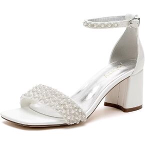 Block Heel Wedding Shoes for Bride Square Open Toe Wedding Sandals Pearl Bridal Shoes Wedding Heels Chunky