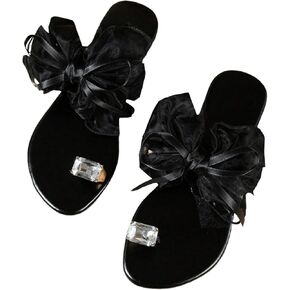Verdusa Women's Rhinestone Bow Knot Flat Sandals Flip Flops with Clip Toe Ring