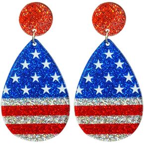 4th of July Patriotic Earrings Shinning Red White Blue Star USA American Flag Teardrop Heart Sequin Acrylic Dangle Earrings for Women Independence Day Drop Earrings Memorial Jewelry