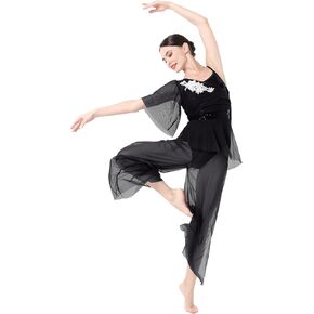 Lyrical Dance Dress for Women 2PCS Chiffon Cross Back Crop Top Ballet Leotard Shorts Mesh Sheer Pants Dance Outfits