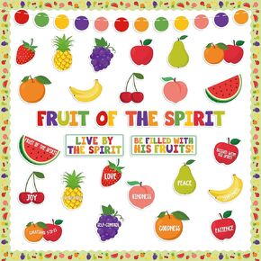 126Pcs Back to School Fruit Religious Bulletin Board Classroom Decoration Fruit Bible Cutouts Name Tag Back to School Party Supplies Classroom Christian Chalkboard Wall Door Decor
