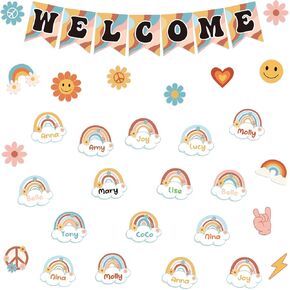 61pcs Retro Welcome Back to School Bulletin Board Welcome Poster Banner Groovy Rainbow Theme Welcome Sign Decor with Glue Point for First Day of Kindergarten Preschool Classroom Decorations