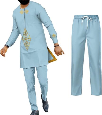UOUUNUT الملابس الأفريقية للرجال قطعتين مجموعة Dashiki وتتسابق كم كامل الرجال بانت قمصان زين ملابس رجالي الأفريقية in Kuwait