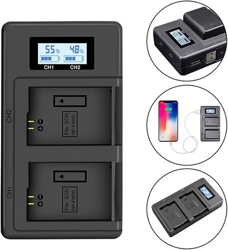شاحن بطارية NP-FW50 بفتحة مزدوجة، شاحن سريع NPFW50 متوافق مع ZV-E10، Alpha A7، A7 II، A7R، A7R II، A7S، A7S II، A3000، A5000، A6000، A6300، A6400، A6500، NEX-3، NEX -كاميرات 3N in Kuwait