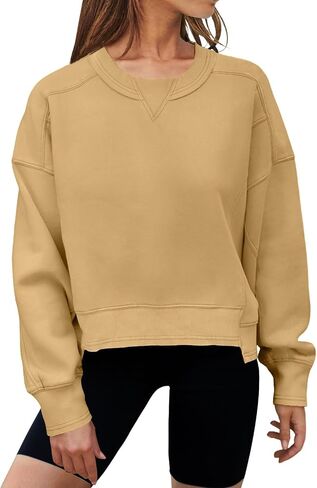 MEROKEETY Women's Oversized Cropped Sweatshirts Crewneck Fleece Workout Pullover Sweater Fall Outfits in Kuwait