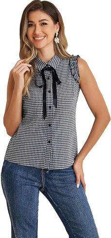 Allegra K Women's Bow Tie Neck Blouse Vintage Ruffle Sleeveless Gingham Plaid Shirt in Saudi Arabia