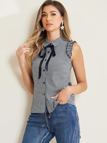Allegra K Women's Bow Tie Neck Blouse Vintage Ruffle Sleeveless Gingham Plaid Shirt in Saudi Arabia