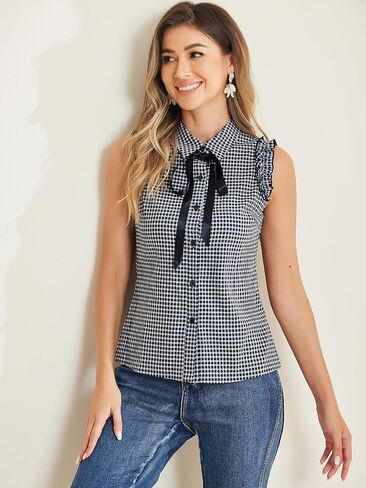 Allegra K Women's Bow Tie Neck Blouse Vintage Ruffle Sleeveless Gingham Plaid Shirt in Saudi Arabia