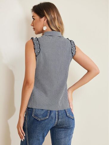 Allegra K Women's Bow Tie Neck Blouse Vintage Ruffle Sleeveless Gingham Plaid Shirt in Saudi Arabia