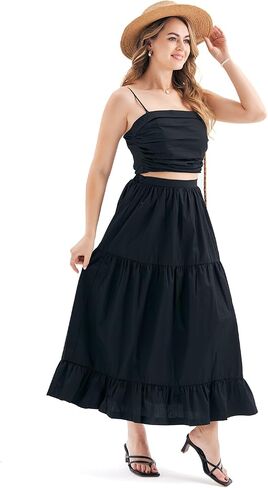 2 Pieces Women Casual Suits Floral Dress, Crop Tube Tank Top Printed Midi Skirt Set, Boho Ruffle Beach Summer Dress in Saudi Arabia