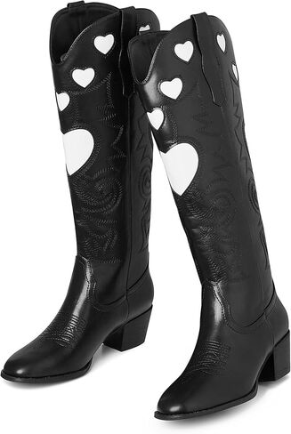 أحذية راعية البقر AOSPHIRAYLIAN للنساء، أحذية رعاة البقر لطيفة على شكل قلب، أحذية نسائية غربية أنيقة بمقدمة مدببة، أحذية للسيدات، أحذية طويلة مريحة للركبة مكتنزة in Kuwait