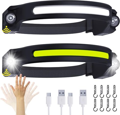 Headlamp Rechargeable LED Head Lamp 2PCS - 260° Wide Beam & Spotlight HeadLamps with Motion Sensor for Adults, 6 Modes Waterproof Head Light Flashlight for Repairing, Hiking, Cycling, Camping in Saudi Arabia