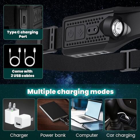 Headlamp Rechargeable LED Head Lamp 2PCS - 260° Wide Beam & Spotlight HeadLamps with Motion Sensor for Adults, 6 Modes Waterproof Head Light Flashlight for Repairing, Hiking, Cycling, Camping in Saudi Arabia