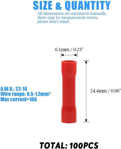 100 قطعة من موصلات تجعيد وصلة المؤخرة، موصلات وصلة مؤخرة من الفينيل باللون الأحمر مقاس 22-16 من الفينيل المعزول بالكامل in Kuwait