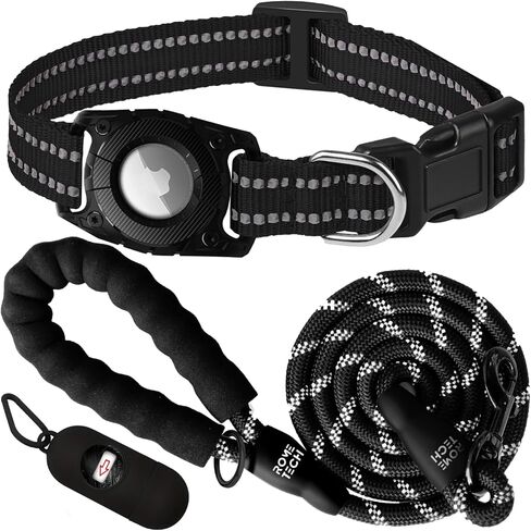 Designed for Apple Airtag Dog Collar Holder Waterproof - 4 in 1 Set Dog Leash with Poop Bag Holder - Dog Leashes for Medium Dogs - Air Tag Dog Collars - Black in Saudi Arabia