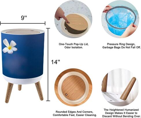 Round Trash Can with Press Lid Starfish and Flower on The Summer Beach in sea Water Summer Small Garbage Can Trash Bin Dog-Proof Trash Can Wooden Legs Waste Bin Wastebasket 7L/1.8 Gallon in Saudi Arabia