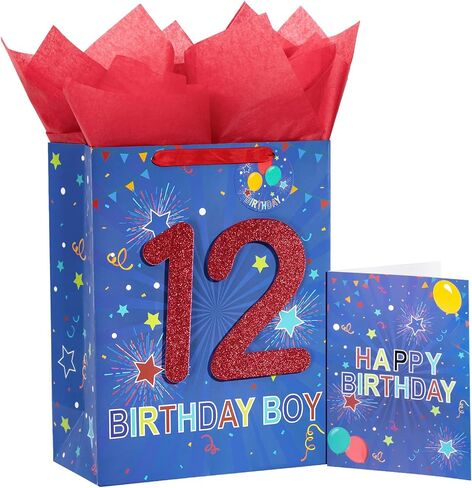 Loveinside Birthday Blue Gift Bag with Tissue Paper, Gift Tag and Greeting Card for 10th Boy Birthday, Party, Baby Shower and More - 10" x 5" x 13", 1 Pcs - 10th Birthday in Saudi Arabia