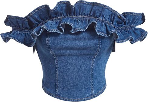 OYOANGLE Women's Off Shoulder Short Sleeve Ruffle Trim Shirred Streetwear Y2k Crop Denim Tops in Saudi Arabia