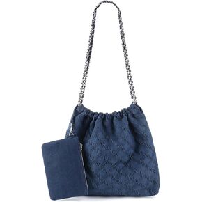 DSGUTWO Denim Tote Bag for Women, Chain Shoulder Bag Hobo Handbags, Large Quilted Top Handle Satchel Purse with Wallet
