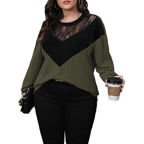 MakeMeChic Women's Plus Size Colorblock Round Neck Long Lantern Sleeve Lace Sheer Shirt Tee Tops