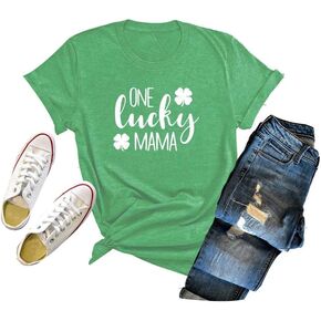Women One Lucky Mama T-Shirt Funny Lucky Mom St.Patricks Day Shirt O-Neck Short Sleeves Clovers Graphic Tees Blouse