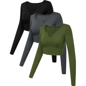 Locoowai 3 Pack Women's Long Sleeve Crop Tops Slim Fitted Ribbed Notch V Neck Basic Shirts Casual Solid Stretch Tee