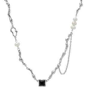 بونجانت قلادة غير منتظمة Y2k معدنية للنساء نصف لؤلؤ نصف سلسلة باروك لؤلؤ المياه العذبة 15.75 بوصة in Kuwait