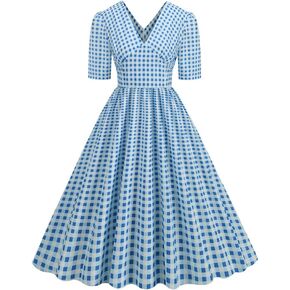 Women Vintage Plaid Audrey Dress 1950s Checkered Retro Cocktail Prom Rockabilly Wedding 50's 60's Party Costume