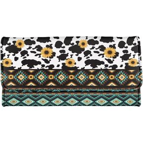 Binienty Abstract Hippie Daisy Flowy Leather Wallet for Women Slim Wallet Three Fold Clutch Purses Card Holder Organizer, Whiteand Green