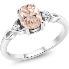 Gem Stone King 925 Sterling Silver Peach Morganite and White Created Sapphire 3-Stone Rings For Women (1.08 Cttw, Gemstone October Birthstone, Oval 8X6MM, Available In Size 5, 6, 7, 8, 9)