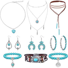 FIASASO 12 قطعة مجوهرات غربية للنساء البوهيمي الفيروزي أقراط قلادة سوار مجموعة بوهو تتدلى أقراط طويلة قلادة قلادة أساور جلدية الطبقات in Kuwait