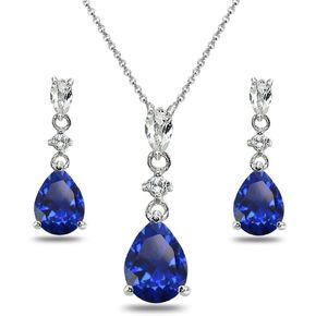 Sterling Silver Genuine or Synthetic Gemstone & White Topaz Pear-Cut Teardrop Dangling Stud Earrings & Necklace Jewelry Set for Women Girls