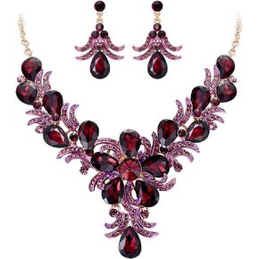EVER FAITH Women's Rhinestone Crystal Gorgeous Bridal Banquet Teardrop Blooming Flower Leaf Necklace Earrings Set