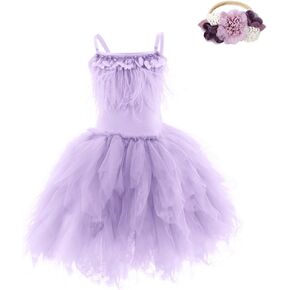 Girl Kids Swan Princess Dance Costume Feather Ballerina Dress Ruffle Fringes Tulle Tutu Dress Party Prom Tiered Gown+Headband