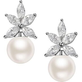 SWEETV Cluster Pearl Wedding Earrings for Birdes Bridesmaid, Crystal CZ Pearl Stud Earrings for Women, Prom, Ivory