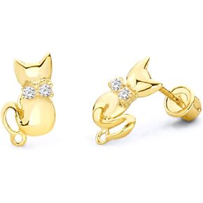 14k Yellow Gold Cat Stud Earrings with Screw Back