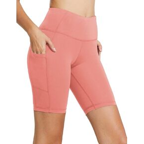 BALEAF Biker Shorts Women Yoga Gym Workout Spandex Running Volleyball Tummy Control Compression Shorts with Pockets 8" Coral Pink M in Saudi Arabia