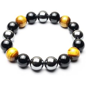 Men's Triple Protection Bracelet - 14mm Beaded Stretch Bracelet - Small, Medium, Large, Extra Large Size - For Protection - Tiger Eye Stone - Hematite - Black Obsidian - Yoga Bracelet - Crystal Gemstone Bracelet - Bring Luck And Prosperity.