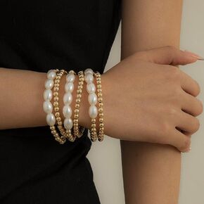JWICOS Gold Beaded and Pearl Bangle Bracelet for Women and Girls Boho Multiple Stackable Pearl Wrap Bracelets for Teen Girls Women Set of 6 (Gold)