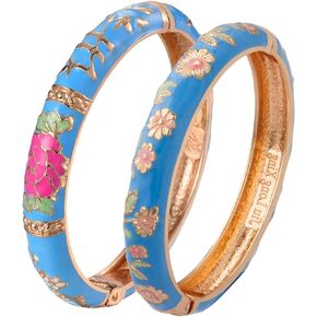 UJOY Gorgeous Bracelets Enameled Floral Cloisonne Gift Gold Plated Cuff Bangles Jewelry Sets Box for Women 55A18