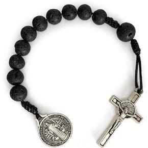 Catholic Prayer Pocket Rosary Saint Benedict Medal Black Lava Beads San Benito Tenner Open Style One Decade Rosary