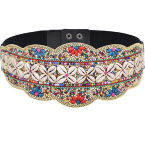 idealway Bohemian Shell Women Belt Wide Stretch Elastic Waist Belt Handmade Beaded Flower Adjustable 29"-35" Belt
