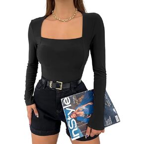 AISEW Womens Sexy Square Neck Long Sleeve T Shirts Slim Fit Yoga Workout Double Lined Shirt Going Out Tops
