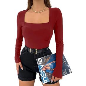 AISEW Womens Sexy Square Neck Long Sleeve T Shirts Slim Fit Yoga Workout Double Lined Shirt Going Out Tops