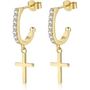 Presentski Cross Dangle Hoop Earrings Sterling Silver – Gold-Plated Small Dangle Hoop Earrings