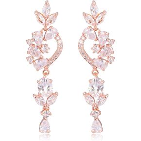 Long Cubic Zirconia Wedding Earrings - Sterling Silver CZ Crystal Chandelier Cluster Floral Leaf Earrings for Women Girls Bridal Jewelry for Bride Bridesmaids Party Prom