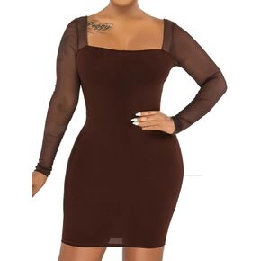 فستان Umenlele نسائي مكشكش شبكي بأكمام طويلة ورقبة مربعة مكشكشة قصير للحفلات in Kuwait